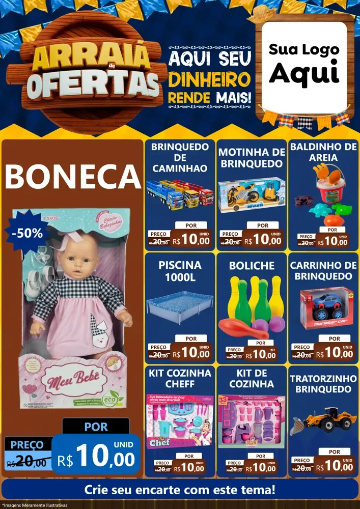 Modelo de Encarte para Encarte A4 Vertical com o tema Arraiá de Ofertas - Junina para Brinquedos