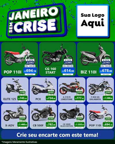 Modelo de Rede Social para Feed Instagram com o tema Janeiro Sem Crise para Concessionaria de Motos