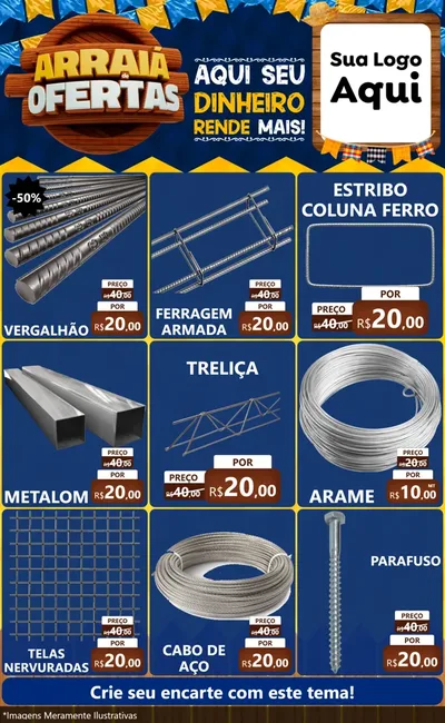 Modelo de Encarte para Encarte Grande com o tema Arraiá de Ofertas - Junina para Ferragens