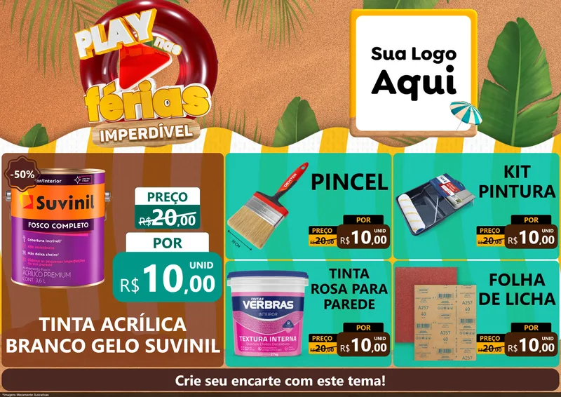 Modelo de Encarte para Encarte A4 Horizontal com o tema Play Nas Férias Imperdível para Tintas e Ferramentas