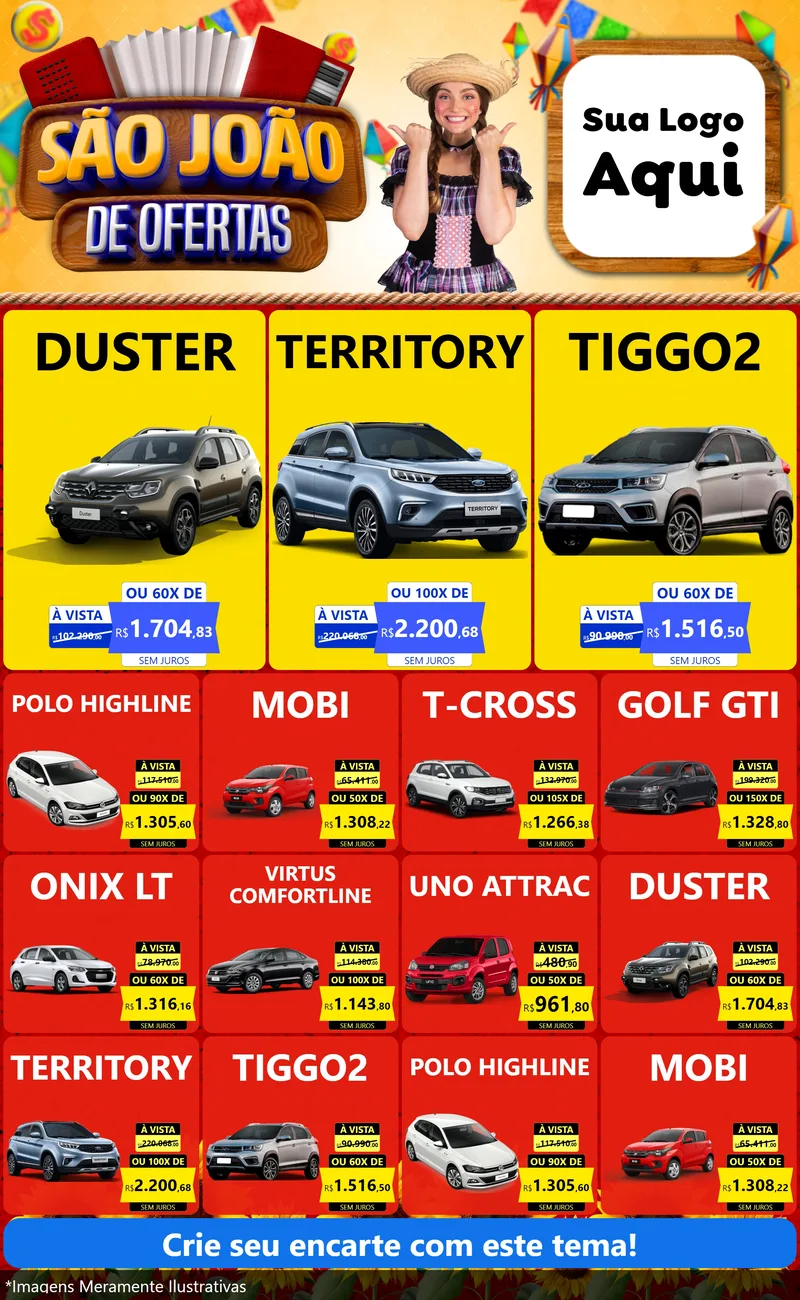 Modelo de Encarte para Encarte Grande com o tema São João de Ofertas para Concessionaria de Carros