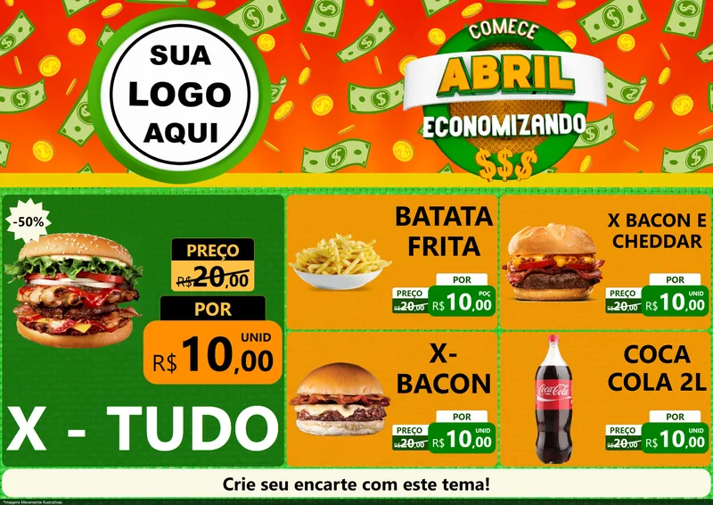 Modelo de Encarte para Encarte A4 Horizontal com o tema Comece Abril Economizando para Hamburgueria