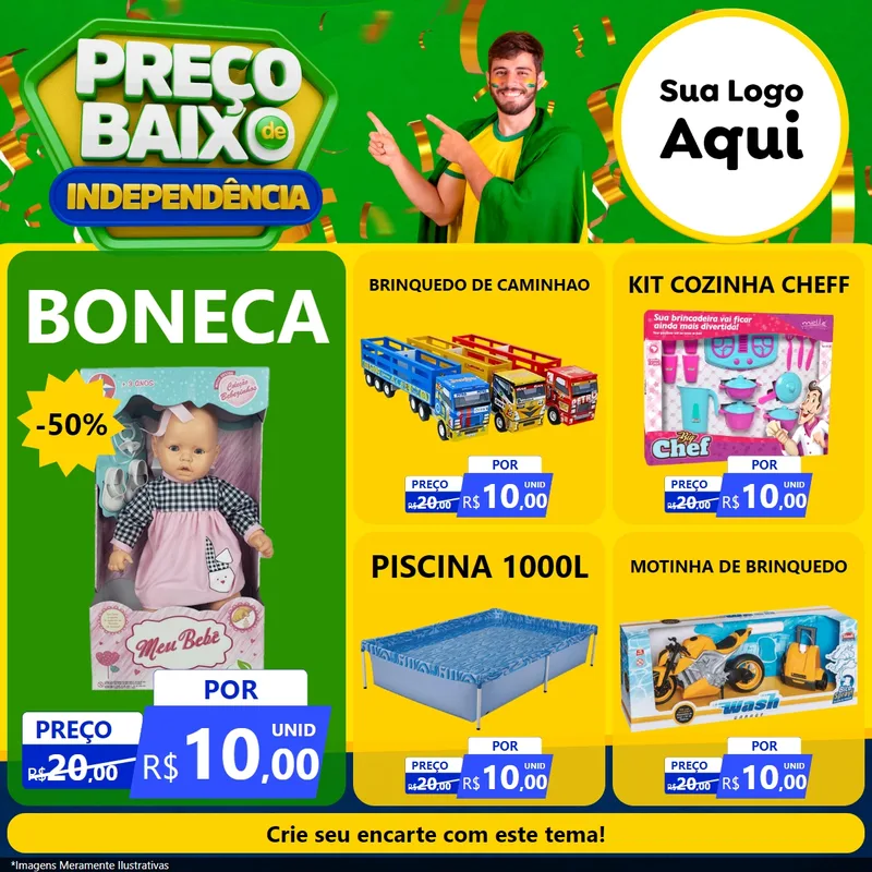 Modelo de Rede Social para Feed Facebook com o tema Preço Baixo de Independência para Brinquedos