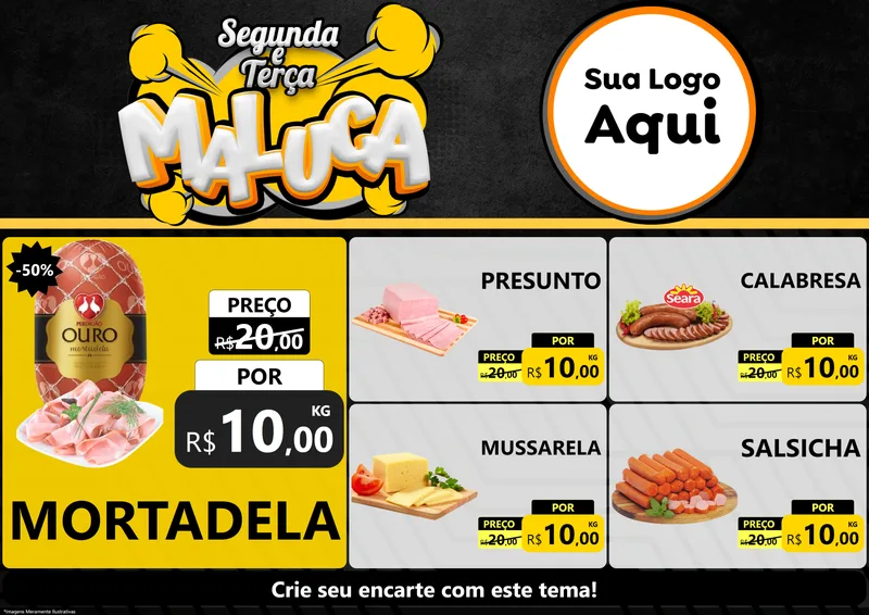 Modelo de Encarte para Encarte A4 Horizontal com o tema Segunda e Terça Maluca para Frios e Laticínios