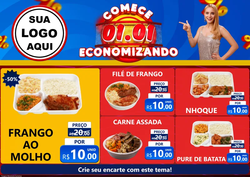 Modelo de Encarte para Encarte A4 Horizontal com o tema Comece 1º de Janeiro Economizando para Restaurante