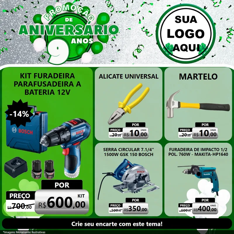 Modelo de Rede Social para Feed Facebook com o tema Promoção de Aniversário - 9 Anos para Maquinas e Ferramentas