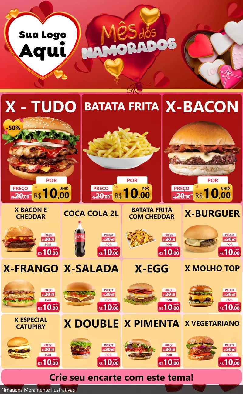 Modelo de Encarte para Encarte Grande com o tema Mês dos Namorados para Hamburgueria