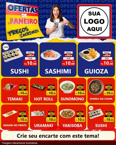 Modelo de Rede Social para Feed Instagram com o tema Ofertas de Janeiro - Preços Incríveis para Comida japonesa