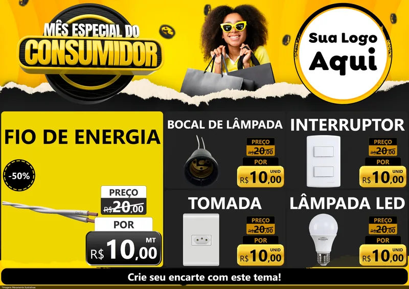 Modelo de Encarte para Encarte A4 Horizontal com o tema Mês Especial do Consumidor para Materiais Elétricos