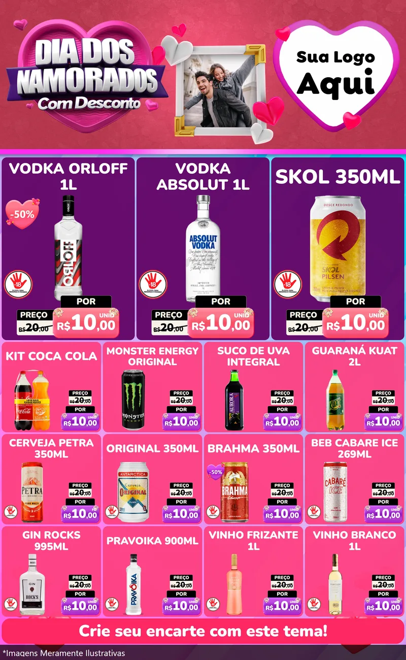 Modelo de Encarte para Encarte Grande com o tema Dia Dos Namorados Com Desconto para Distribuidora de bebidas