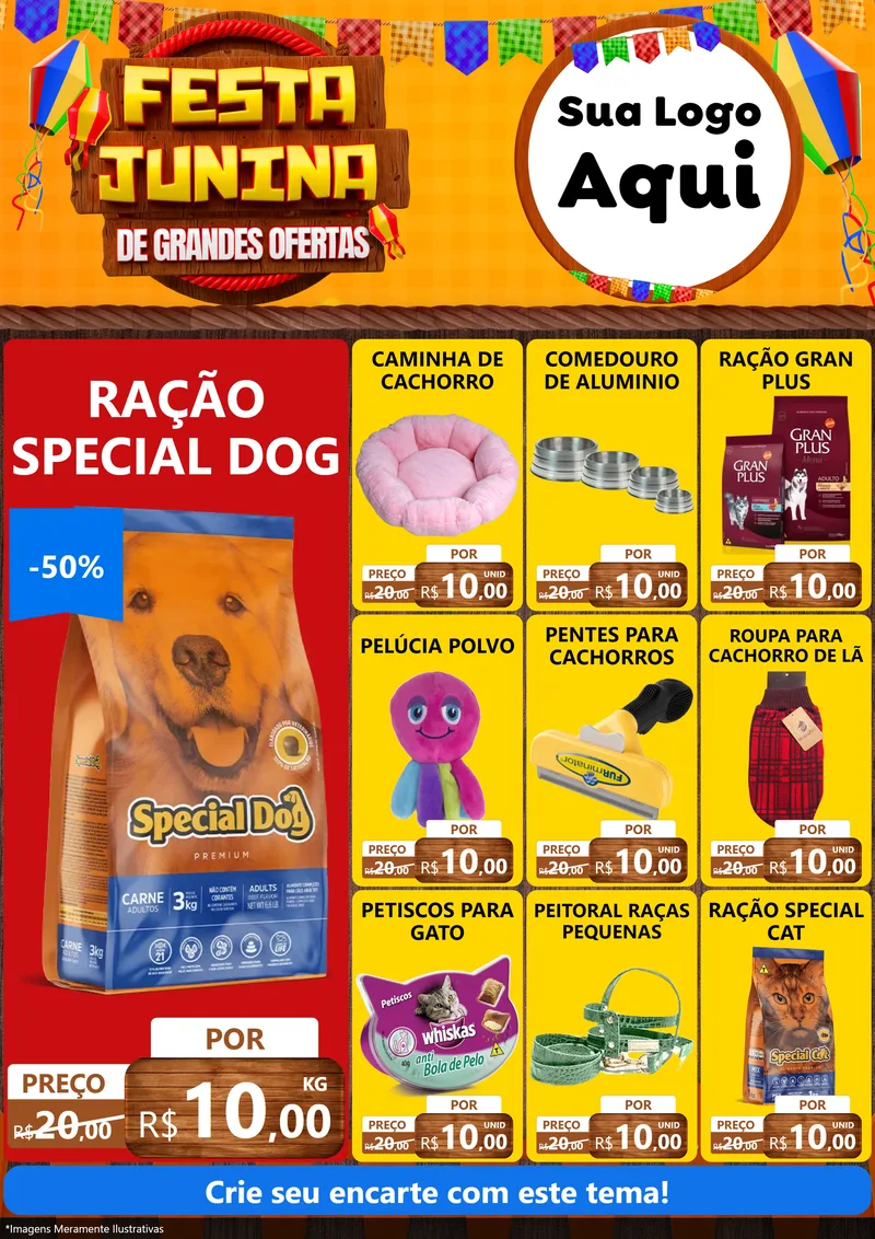 Modelo de Encarte para Encarte A4 Vertical com o tema Festa Junina de Grandes Ofertas para Pet Shop
