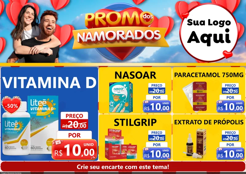 Modelo de Encarte para Encarte A4 Horizontal com o tema Promo dos Namorados para Farmácia