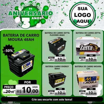 Modelo de Rede Social para Feed Facebook com o tema Promoção de Aniversário - 3 Anos para Baterias Elétricas