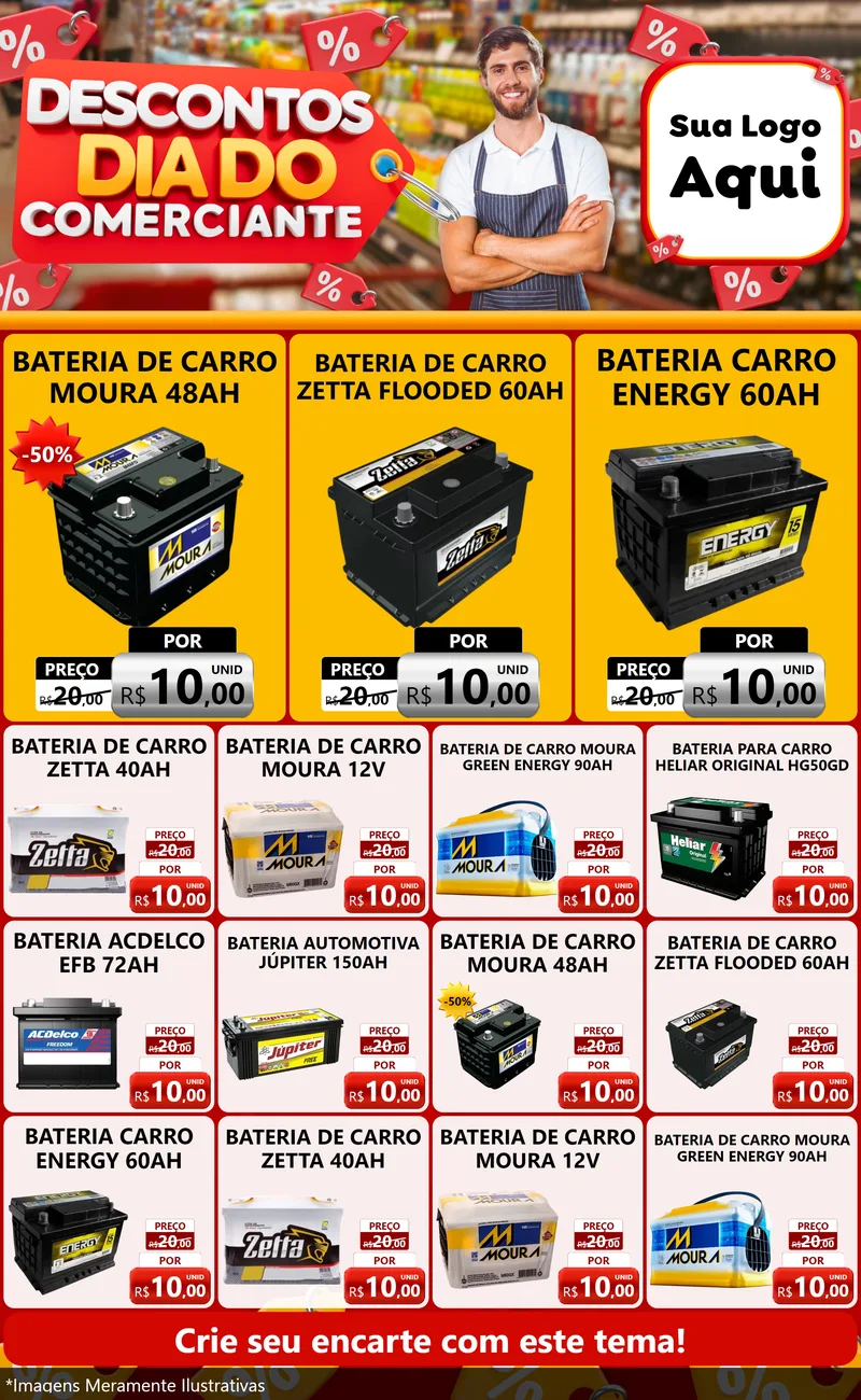 Modelo de Encarte para Encarte Grande com o tema Descontos Dia do Comerciante para Baterias Elétricas
