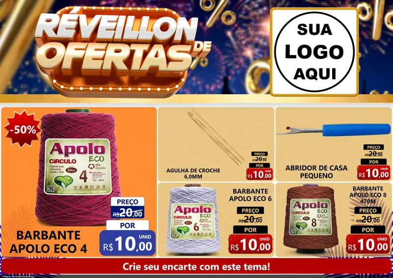 Modelo de Encarte para Encarte A4 Horizontal com o tema Réveillon de Ofertas para Armarinho e Aviamentos
