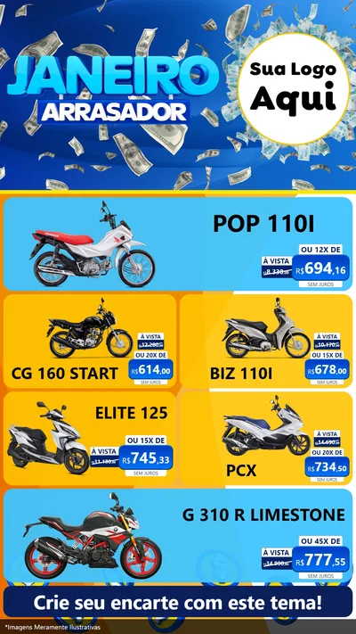 Modelo de TV para TV Vertical com o tema Janeiro Arrasador para Concessionaria de Motos