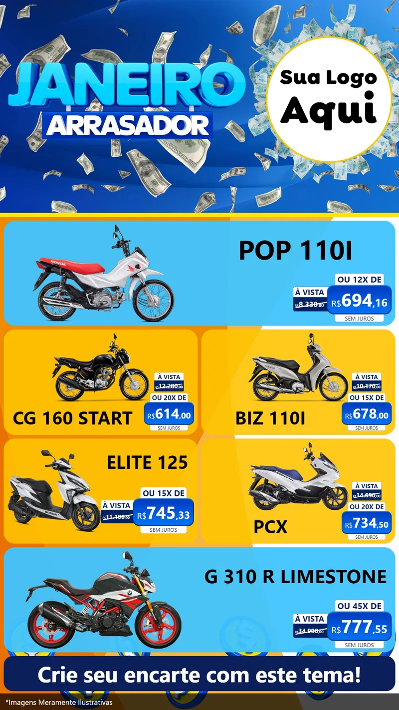Modelo de TV para TV Vertical com o tema Janeiro Arrasador para Concessionaria de Motos