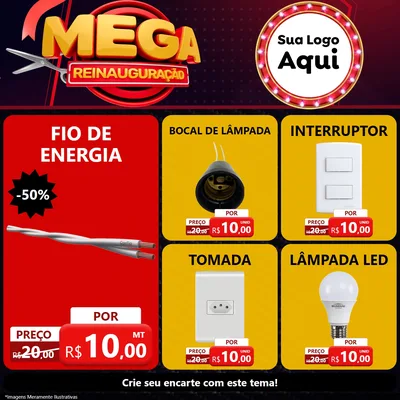 Modelo de Rede Social para Feed Facebook com o tema Mega Reinauguração para Materiais Elétricos