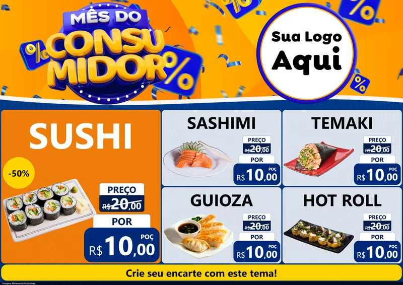Modelo de Encarte para Encarte A4 Horizontal com o tema Mês do Consumidor para Comida japonesa