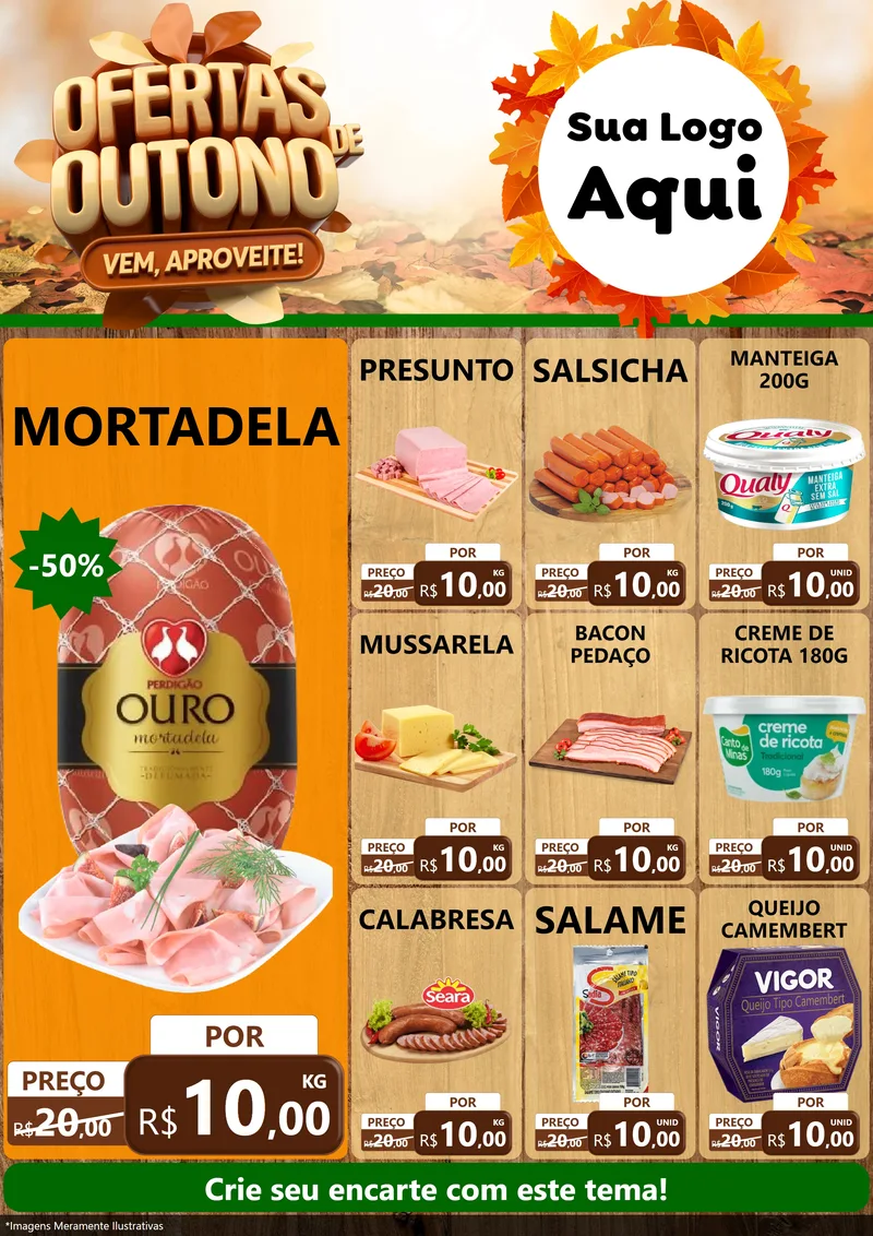 Modelo de Encarte para Encarte A4 Vertical com o tema Ofertas de Outono - Vem, Aproveite! para Frios e Laticínios
