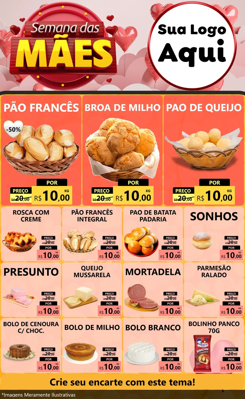 Modelo de Encarte para Encarte Grande com o tema Semana das Mães para Padaria