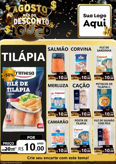 Modelo de Encarte para Encarte A4 Vertical com o tema Agosto Mês do Desconto Louco para Peixaria