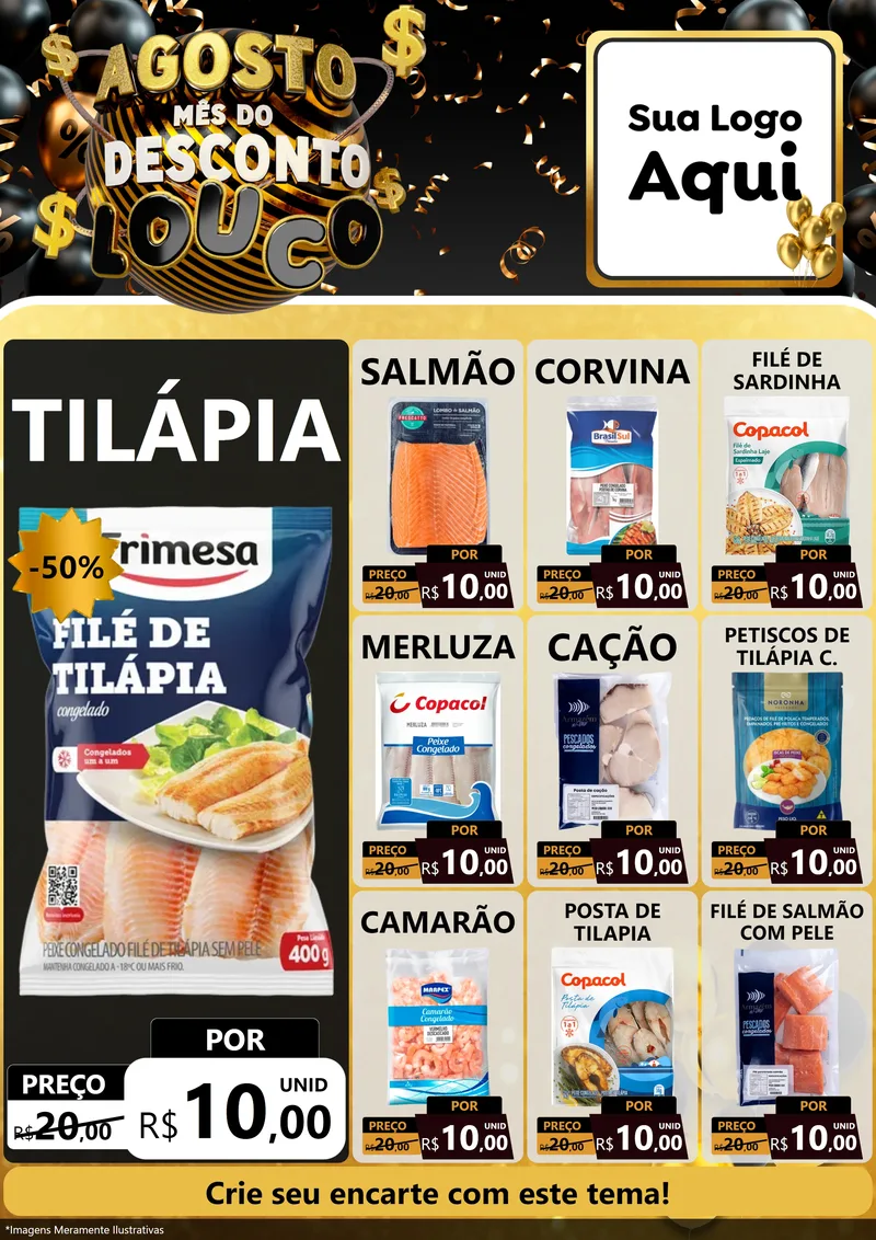 Modelo de Encarte para Encarte A4 Vertical com o tema Agosto Mês do Desconto Louco para Peixaria