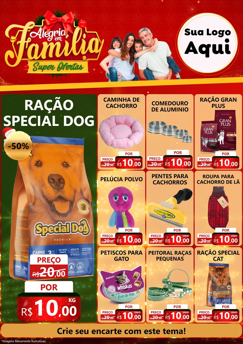 Modelo de Encarte para Encarte A4 Vertical com o tema Alegria em Família Super Ofertas - Natal para Pet Shop