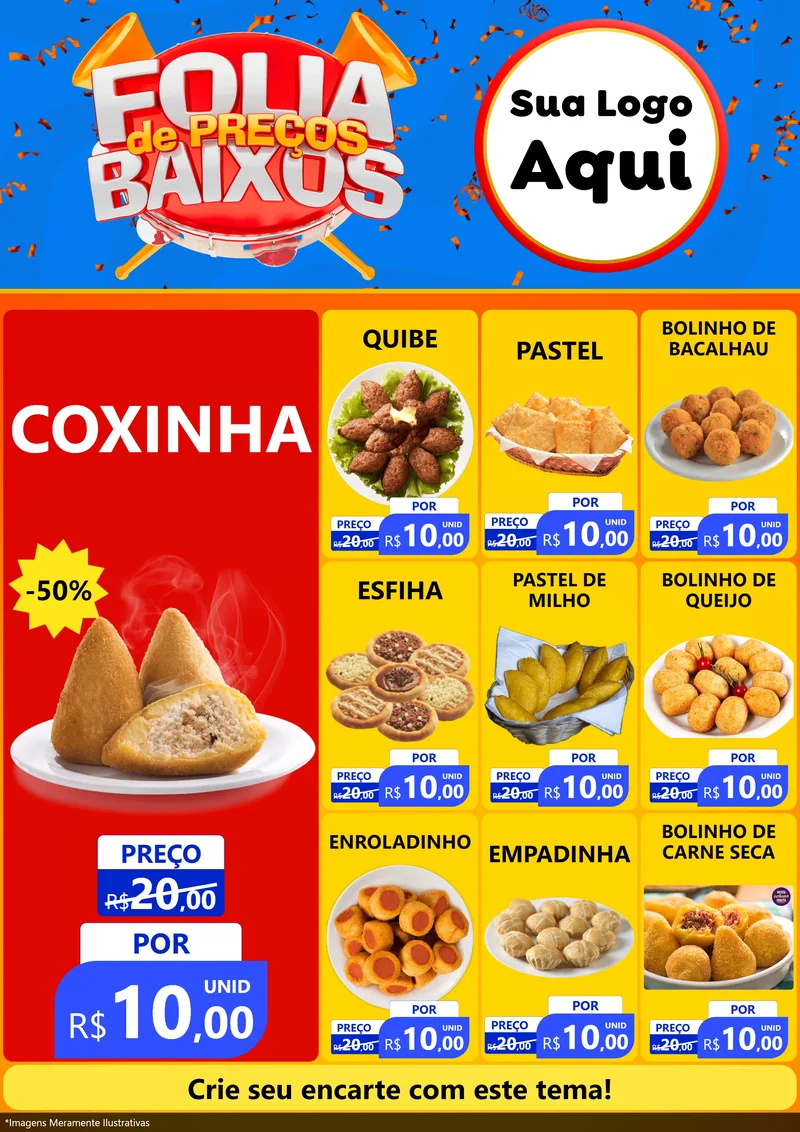 Modelo de Encarte para Encarte A4 Vertical com o tema Folia de Preços Baixos para Salgadaria