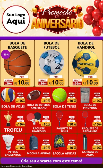 Modelo de Encarte para Encarte Grande com o tema Promoção de Aniversário para Artigos Esportivos