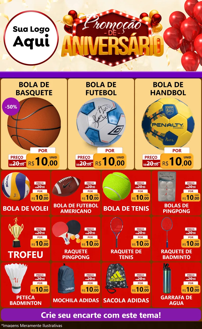 Modelo de Encarte para Encarte Grande com o tema Promoção de Aniversário para Artigos Esportivos