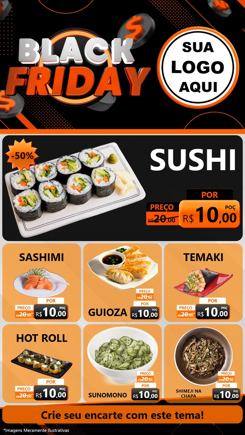 Modelo de Rede Social para Stories com o tema Black Friday para Comida japonesa