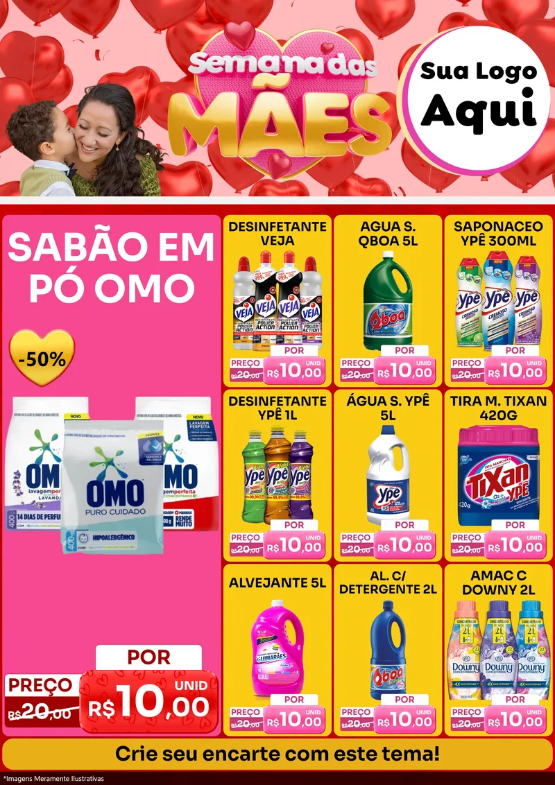 Modelo de Encarte para Encarte A4 Vertical com o tema Semana Das Mães para Produtos de Limpeza