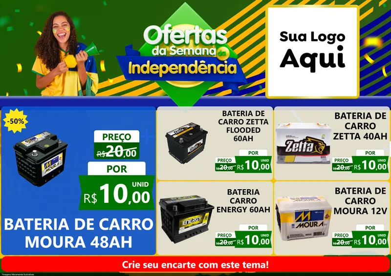 Modelo de Encarte para Encarte A4 Horizontal com o tema Ofertas da Semana da Independência para Baterias Elétricas