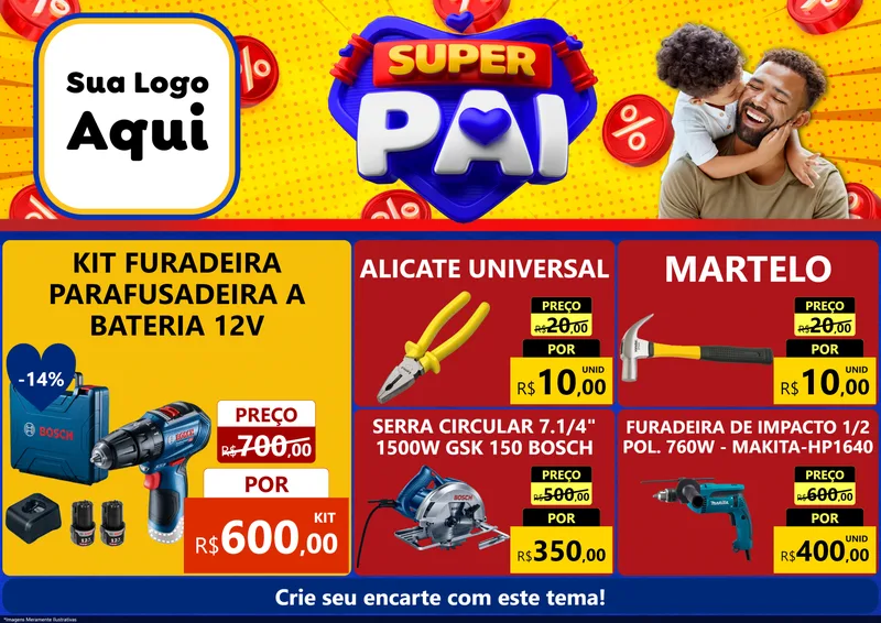 Modelo de Encarte para Encarte A4 Horizontal com o tema Super Pai para Maquinas e Ferramentas