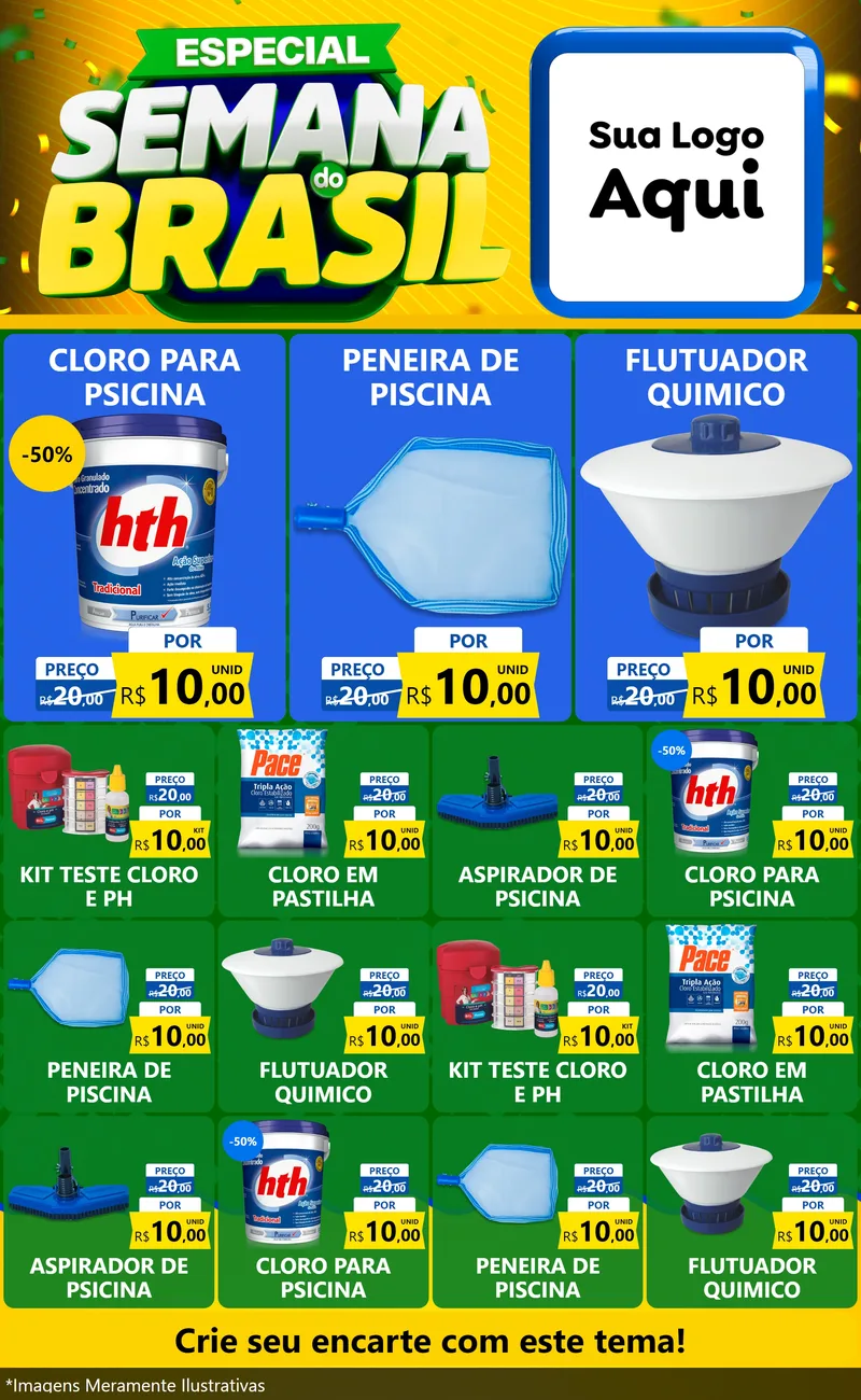 Modelo de Encarte para Encarte Grande com o tema Especial Semana do Brasil para Produtos para Piscina
