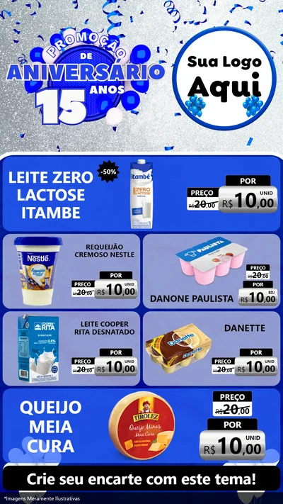 Modelo de TV para TV Vertical com o tema Promoção de Aniversário - 15 Anos para Frios e Laticínios