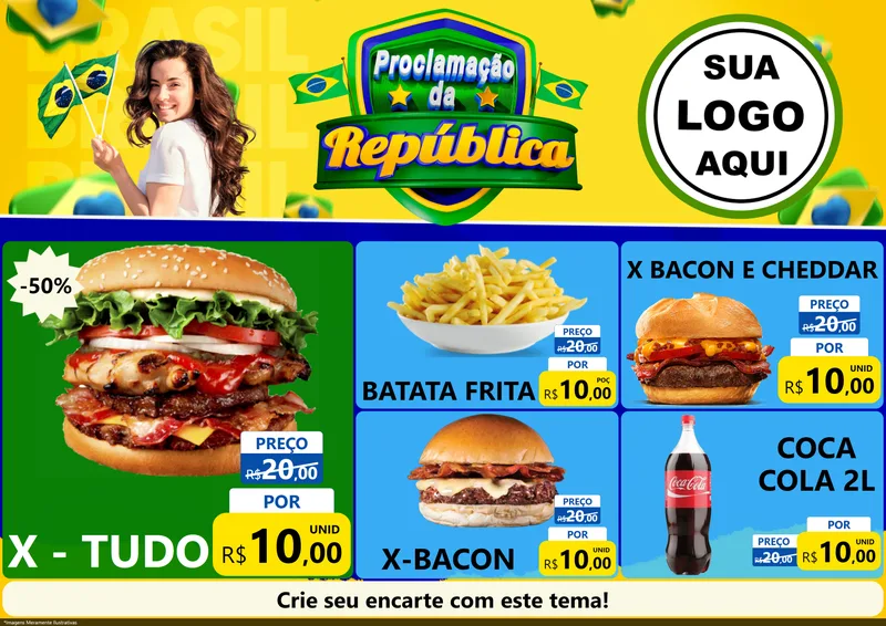 Modelo de Encarte para Encarte A4 Horizontal com o tema Proclamação da República para Hamburgueria