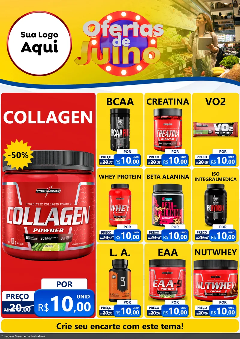 Modelo de Encarte para Encarte A4 Vertical com o tema Ofertas de Julho para Suplementos alimentares