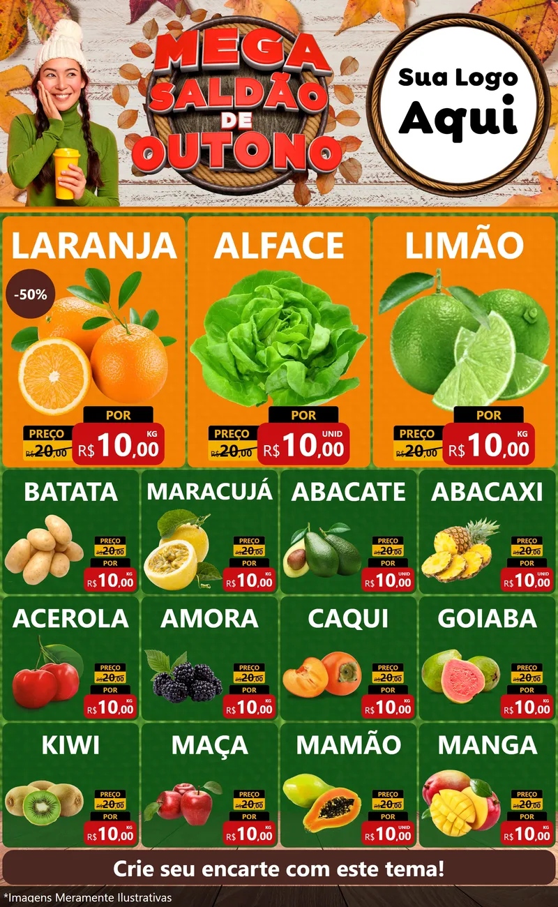 Modelo de Encarte para Encarte Grande com o tema Mega Saldão de Outono para Hortifrúti