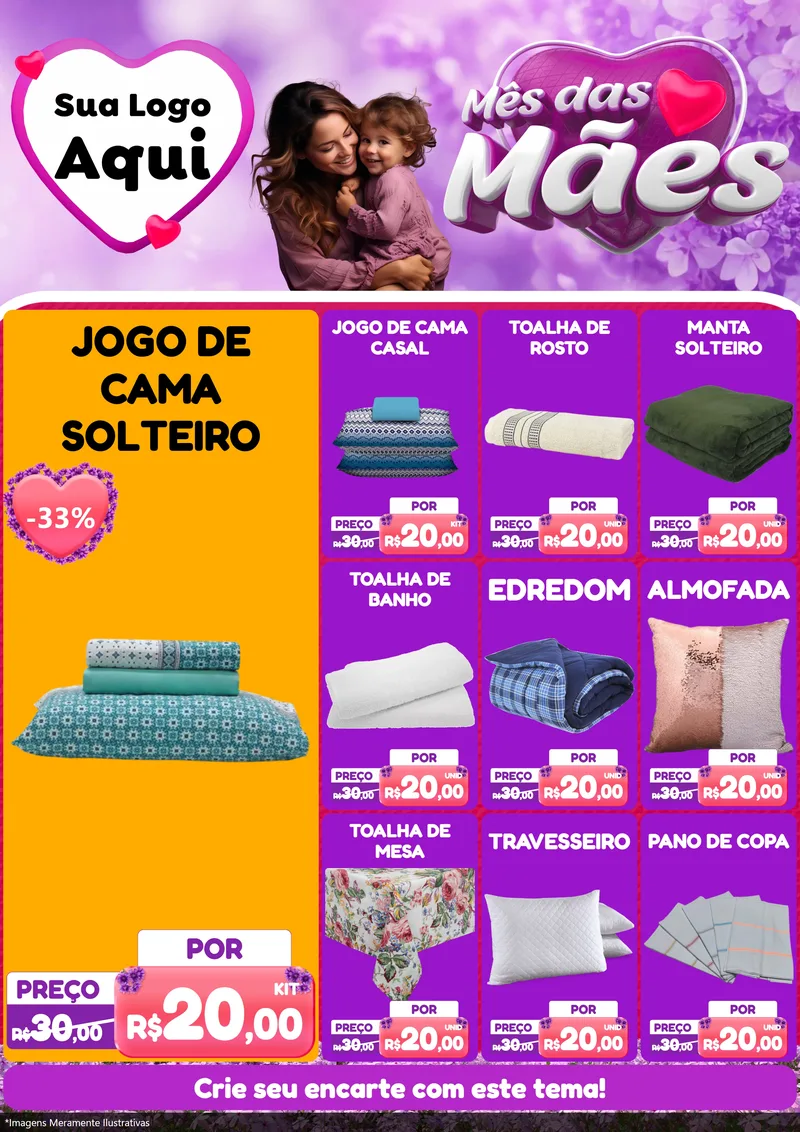 Modelo de Encarte para Encarte A4 Vertical com o tema Mês das Mães para Cama, Mesa e Banho