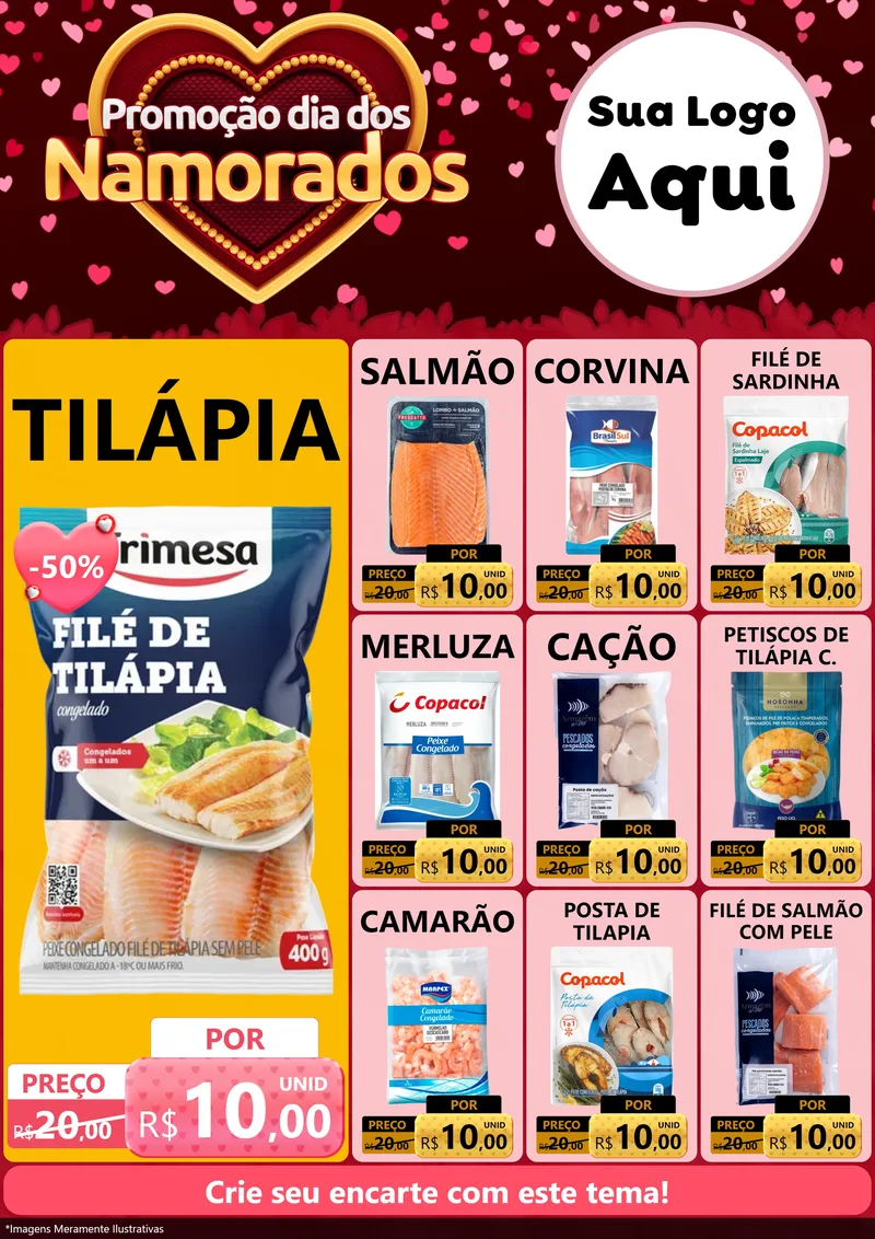 Modelo de Encarte para Encarte A4 Vertical com o tema Promoção Dia Dos Namorados para Peixaria