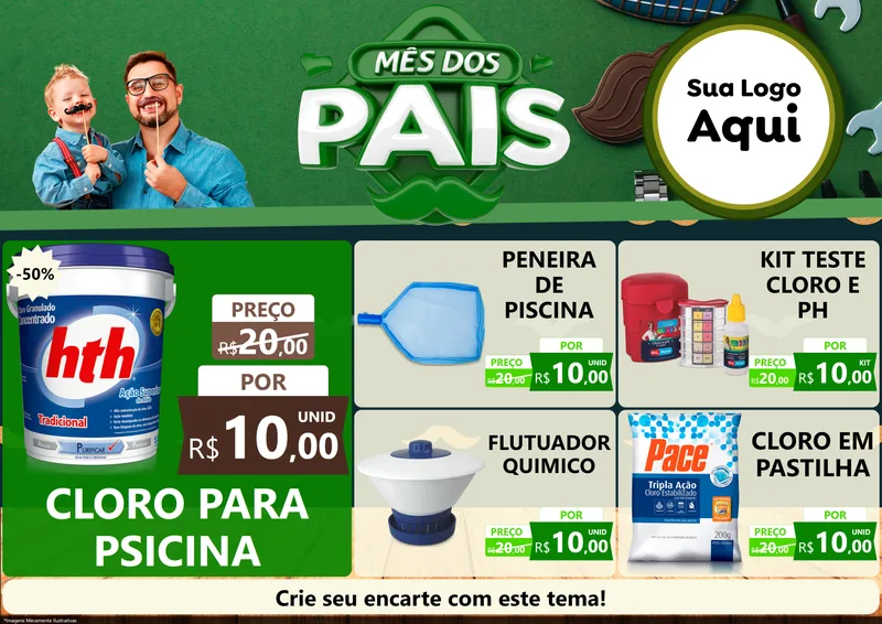 Modelo de Encarte para Encarte A4 Horizontal com o tema Mês dos Pais para Produtos para Piscina