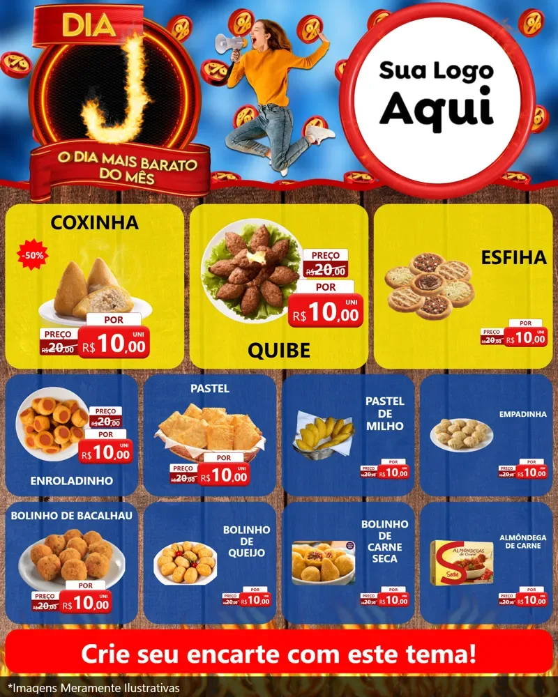 Modelo de Rede Social para Feed Instagram com o tema Dia J - O Dia Mais Barato Do Mês para Salgadaria