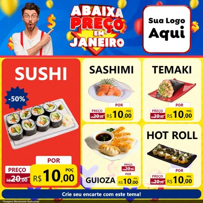 Modelo de Rede Social para Feed Facebook com o tema Abaixa Preço em Janeiro para Comida japonesa