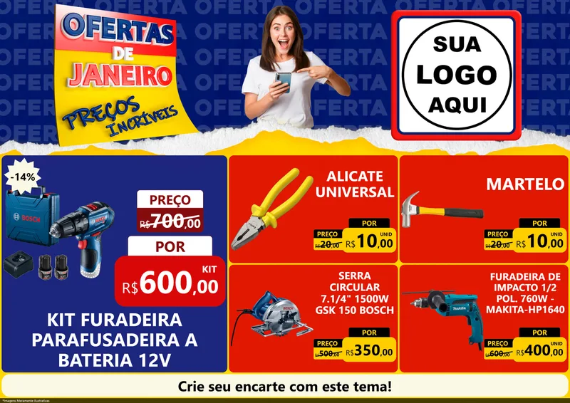 Modelo de Encarte para Encarte A4 Horizontal com o tema Ofertas de Janeiro - Preços Incríveis para Maquinas e Ferramentas
