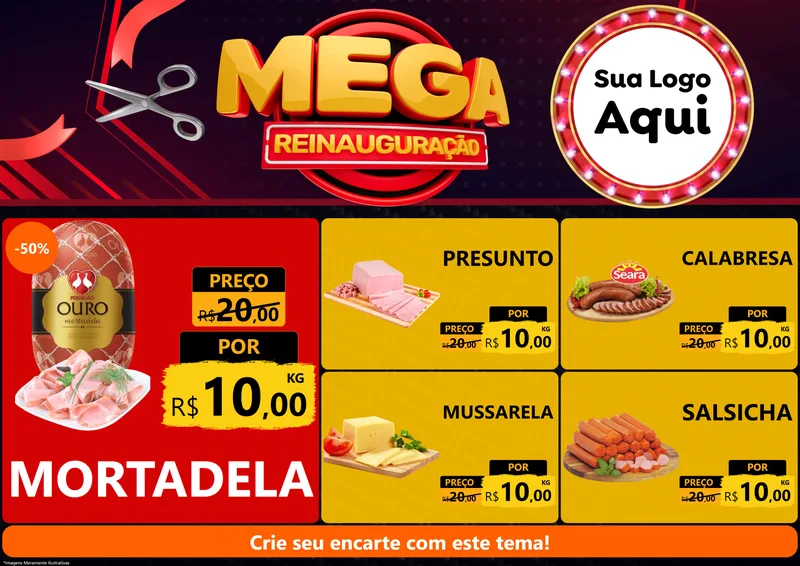 Modelo de Encarte para Encarte A4 Horizontal com o tema Mega Reinauguração para Frios e Laticínios