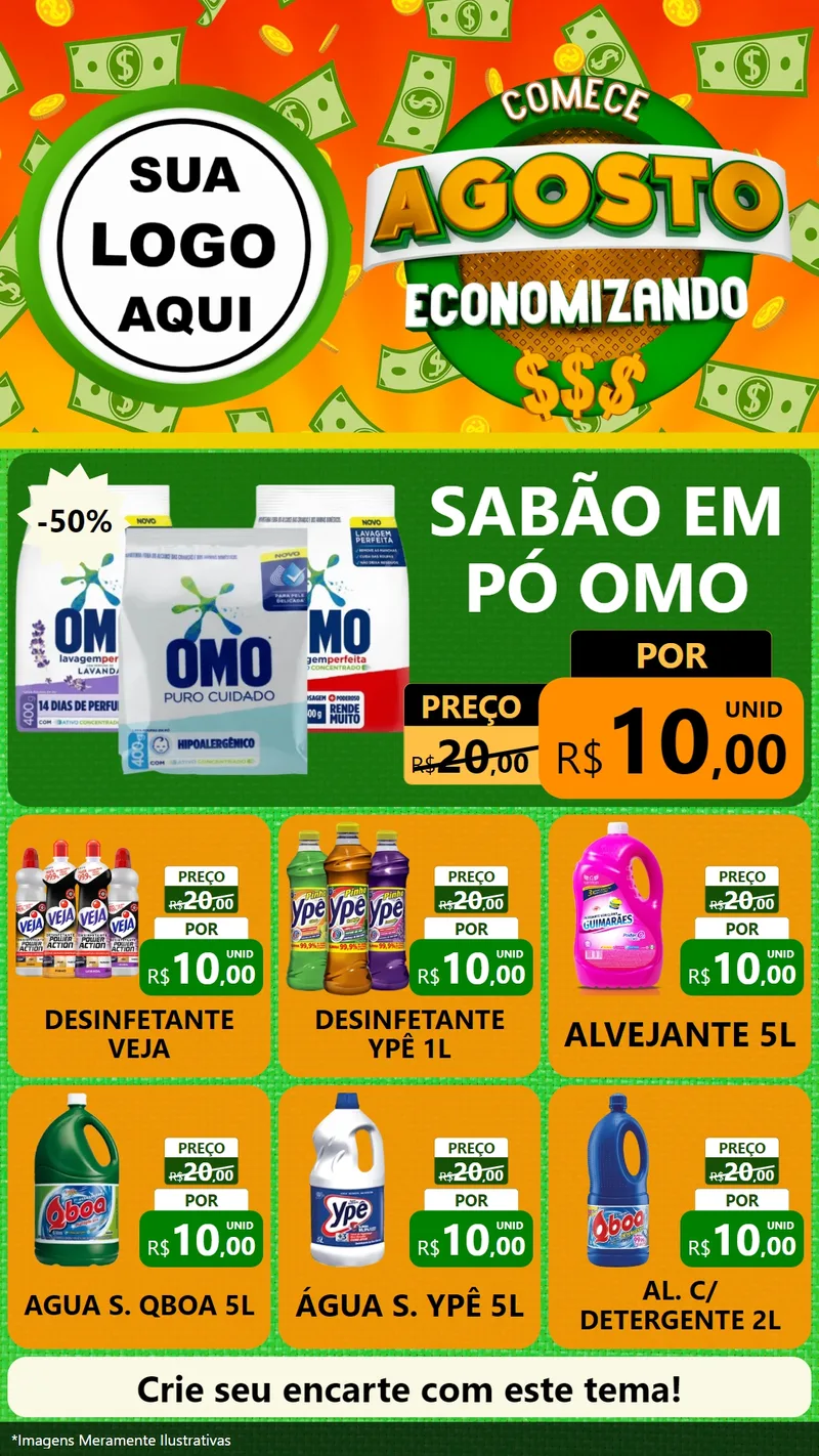 Modelo de Rede Social para Stories com o tema Comece Agosto Economizando para Produtos de Limpeza
