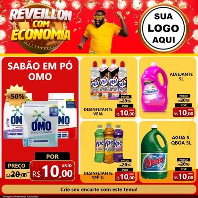 Modelo de Rede Social para Feed Facebook com o tema Réveillon com Economia para Produtos de Limpeza