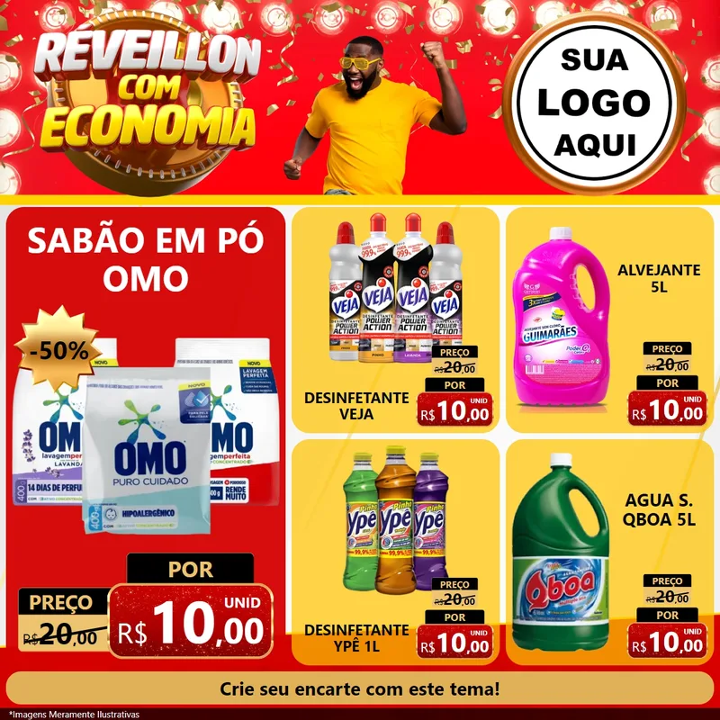 Modelo de Rede Social para Feed Facebook com o tema Réveillon com Economia para Produtos de Limpeza